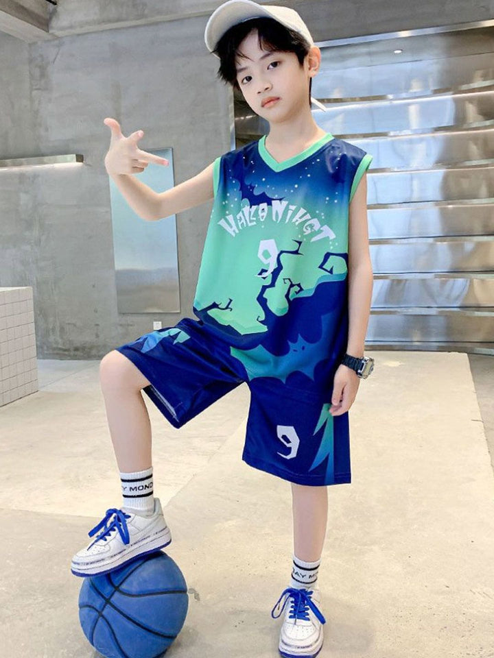 YK Boys Dicetak T-Shirt Leher Bulat dengan Seluar pendek