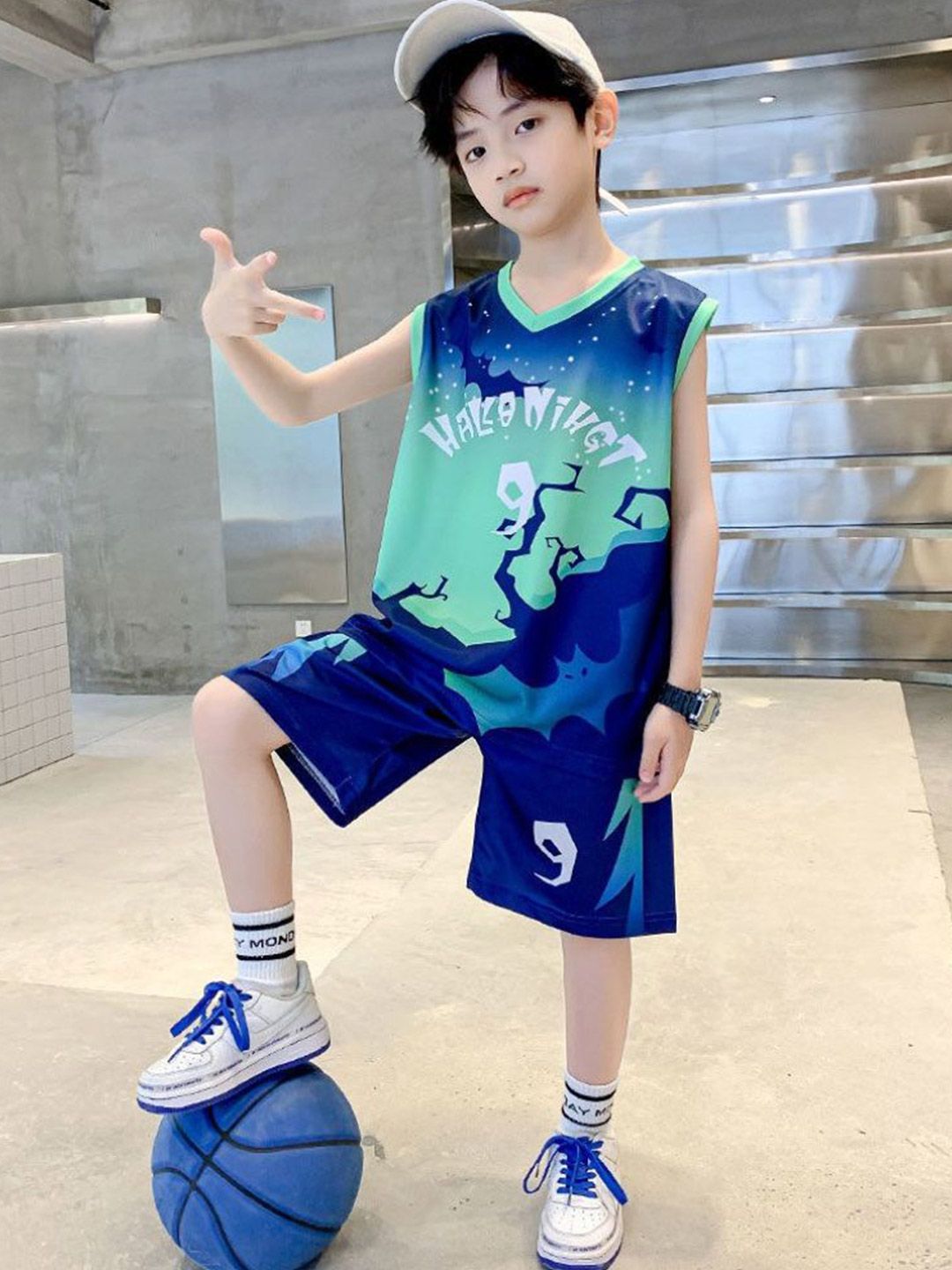 YK Boys Dicetak T-Shirt Leher Bulat dengan Seluar pendek