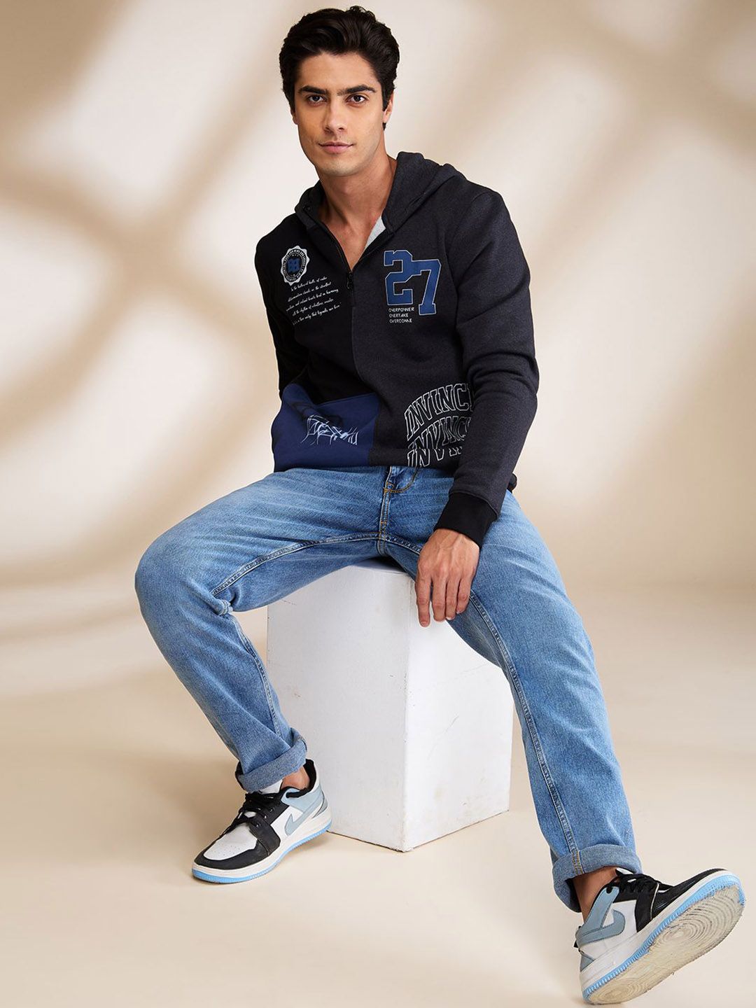 Being Human Men Black Long Sleeves Hooded Neck Patchwork Sweatshirts