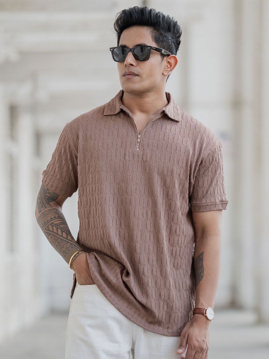 Powerlook Men Self Design Polo Collar Cotton T-shirt