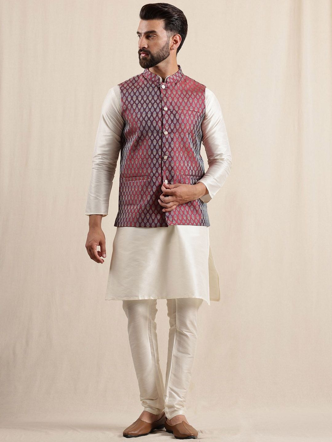 Anouk Men Regular Kurta with Pyjamas With Woven Maroon Nehru Jacket