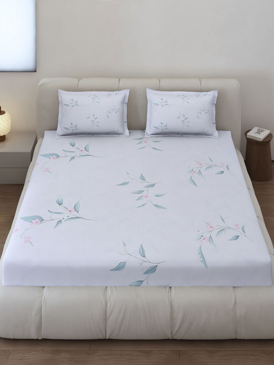 Monte Carlo Edmond Blue & Green Floral Printed 144 TC King Bedsheet Set 2.70 m x 2.70 m