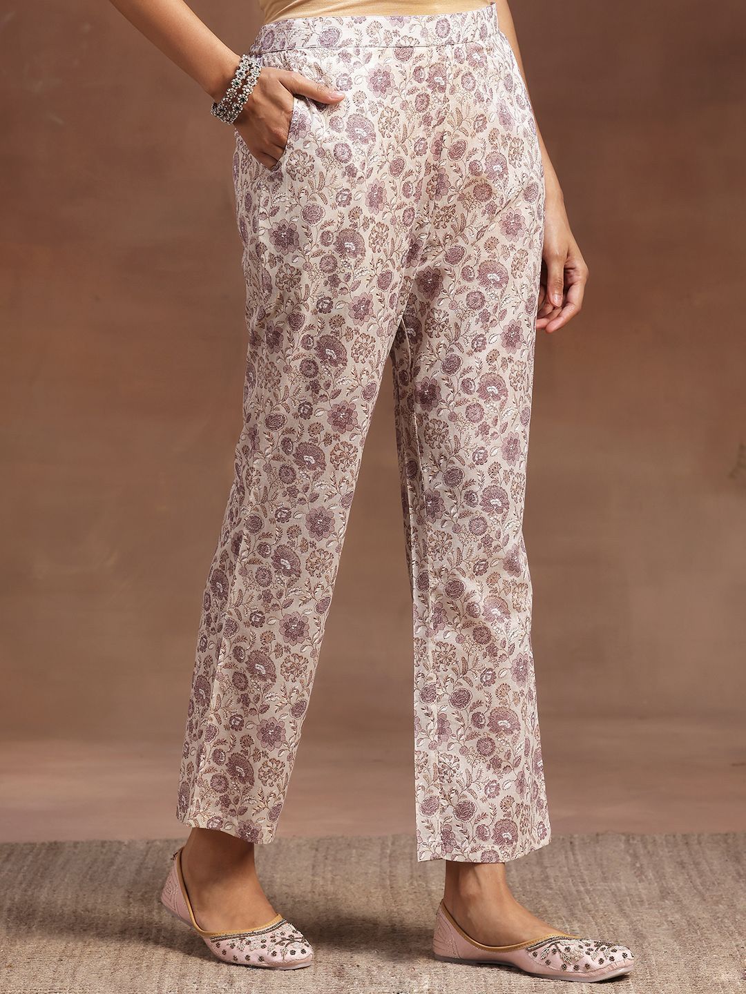 Libas Floral Printed Pleated Pure Cotton Kurta with Trousers & Dupatta