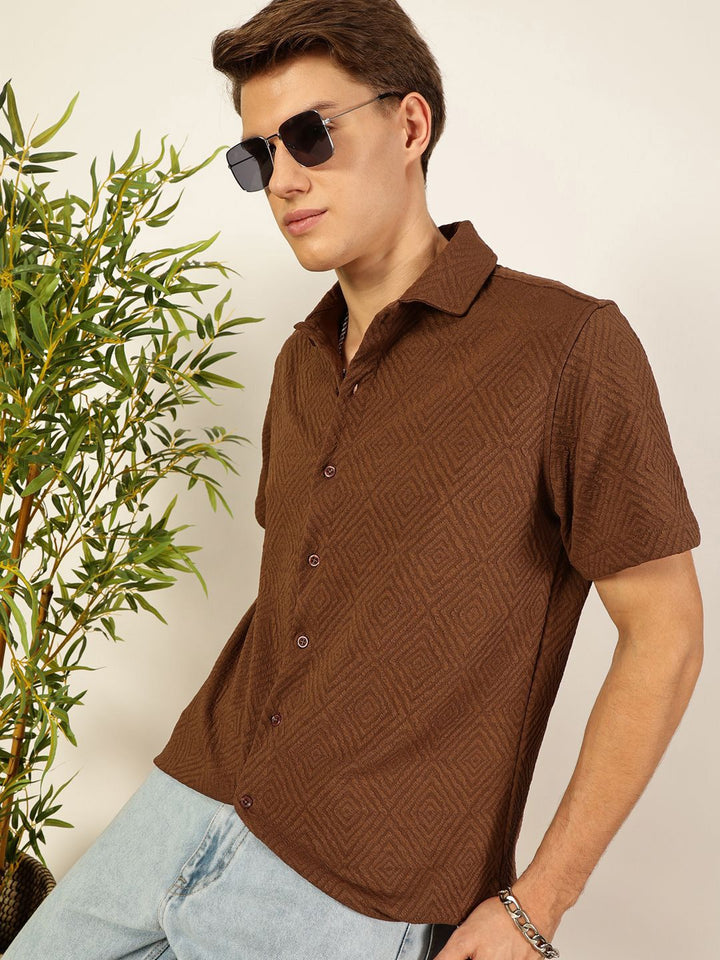 Thomas Scott Men Classic Spread Collar Textured Printed Oversized Casual Shirt