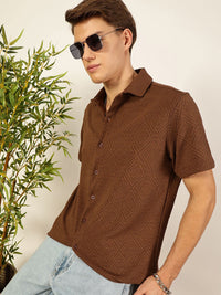 Thomas Scott Men Classic Spread Collar Textured Printed Oversized Casual Shirt