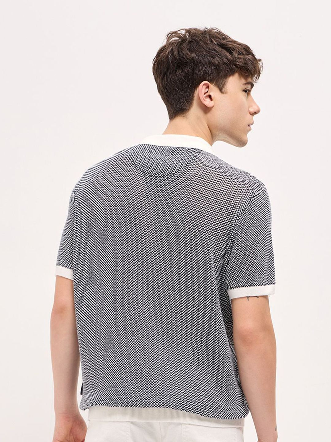 THE BEAR HOUSE Men Self Design Polo Collar Cotton T-shirt