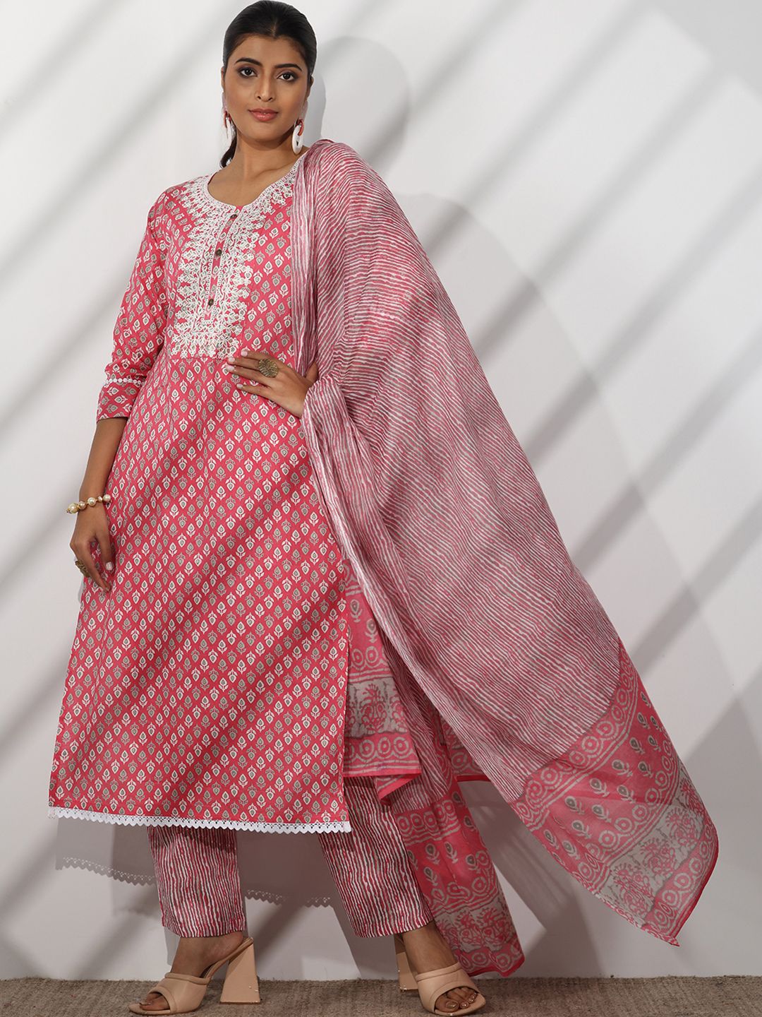 Libas Floral Printed Thread Work Pure Cotton Straight Kurta With Trousers & Dupatta