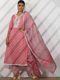 Libas Floral Printed Thread Work Pure Cotton Straight Kurta With Trousers & Dupatta