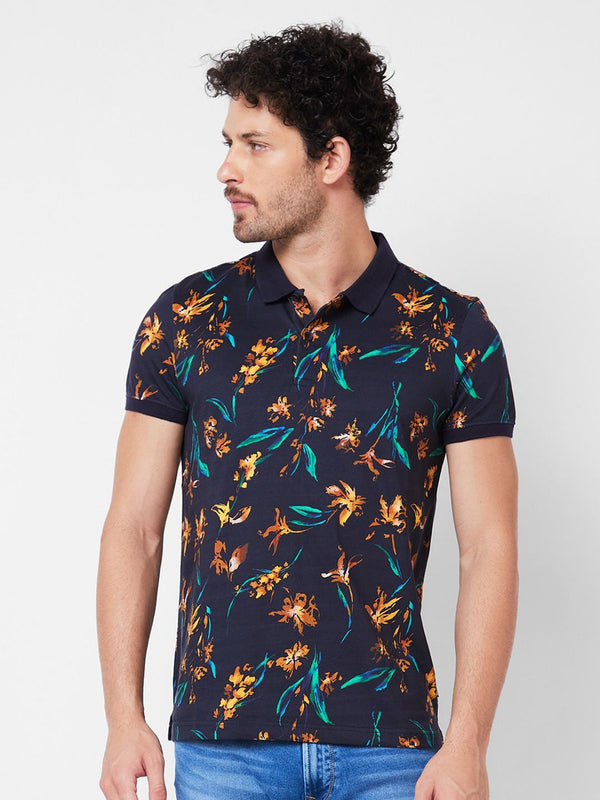 SPYKAR Floral Printed Polo Collar Tropical Pure Cotton Slim Fit T-shirt