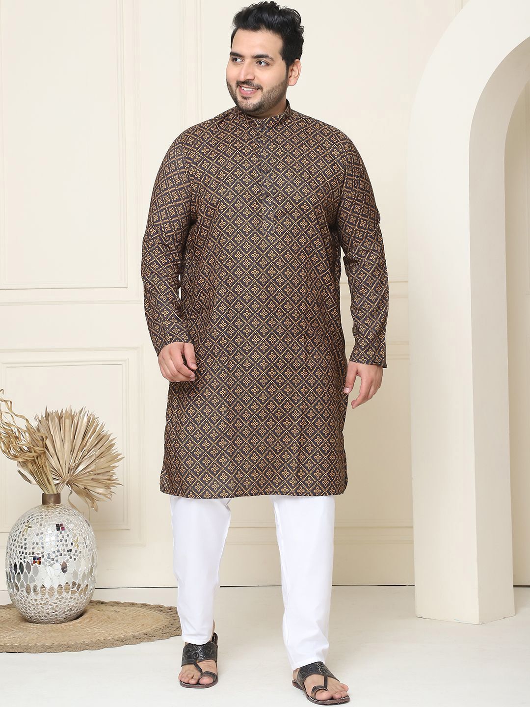 SOJANYA PLUS Motif Etnik Bercetak Kolar Mandarin Kurta Lurus Kapas Tulen dengan Piyama