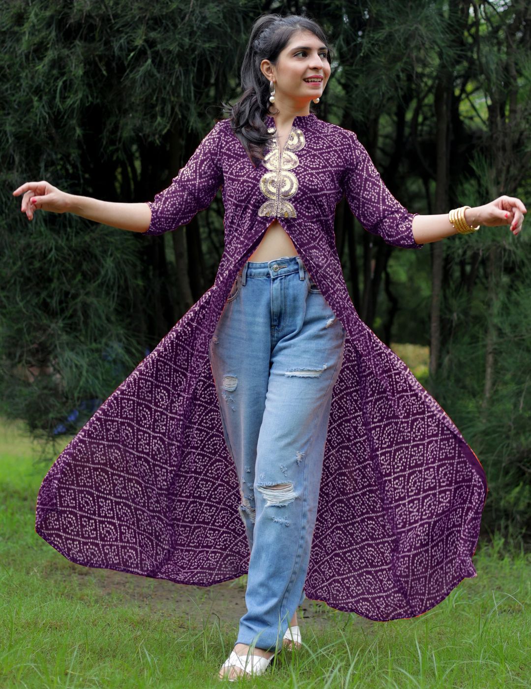 KALINI Bandhani Printed Mandarin Collar Sequins Front Slit Georgette A-Line Kurta