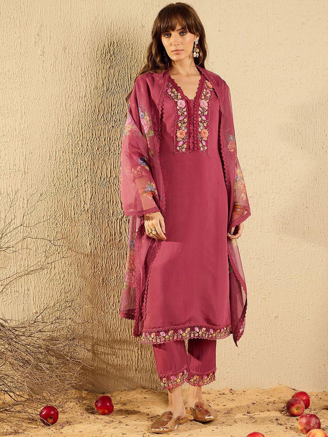 Indo Era Women Floral Yoke Design Regular Thread Work Kurta with Trousers & With Dupatta