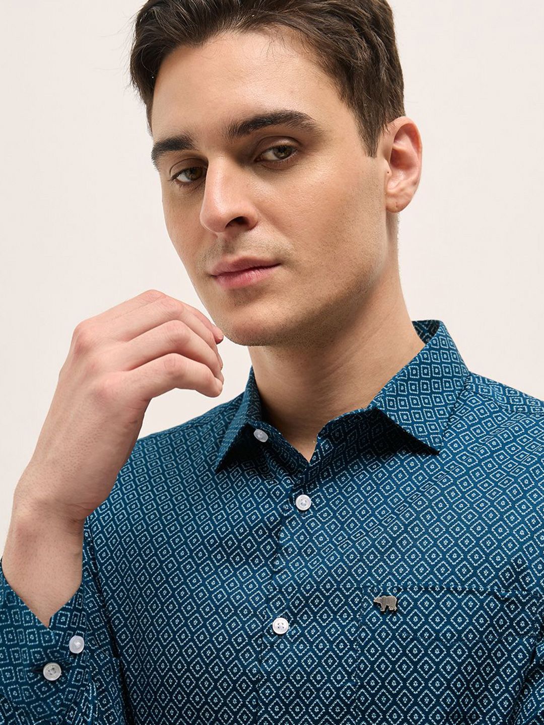 THE BEAR HOUSE Tailored Fit Geometric Printed Pure Cotton Formal Shirt