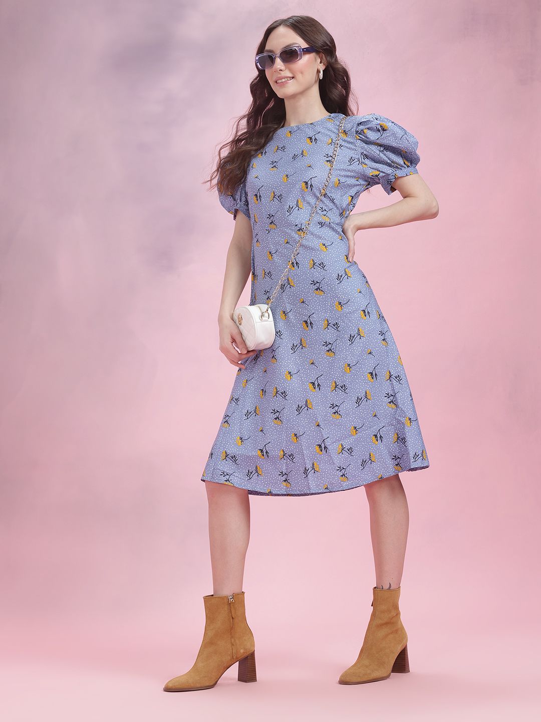 DressBerry Floral Print Puff Sleeve A-Line Dress