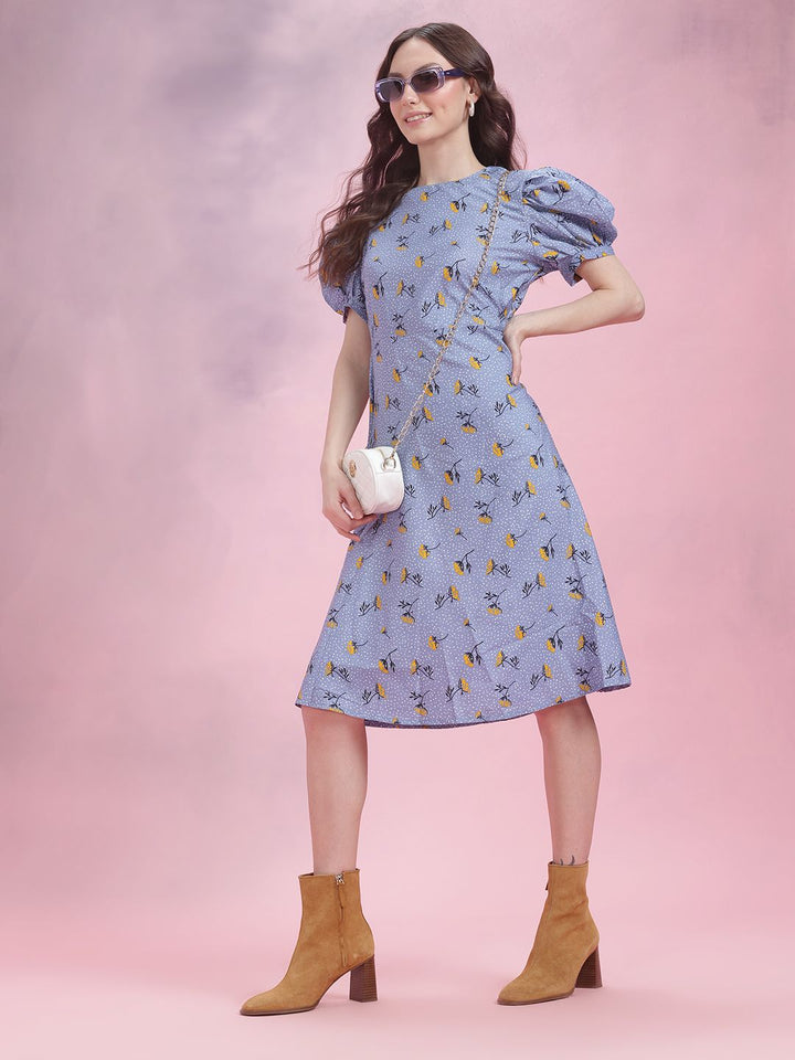 DressBerry Floral Print Puff Sleeve A-Line Dress