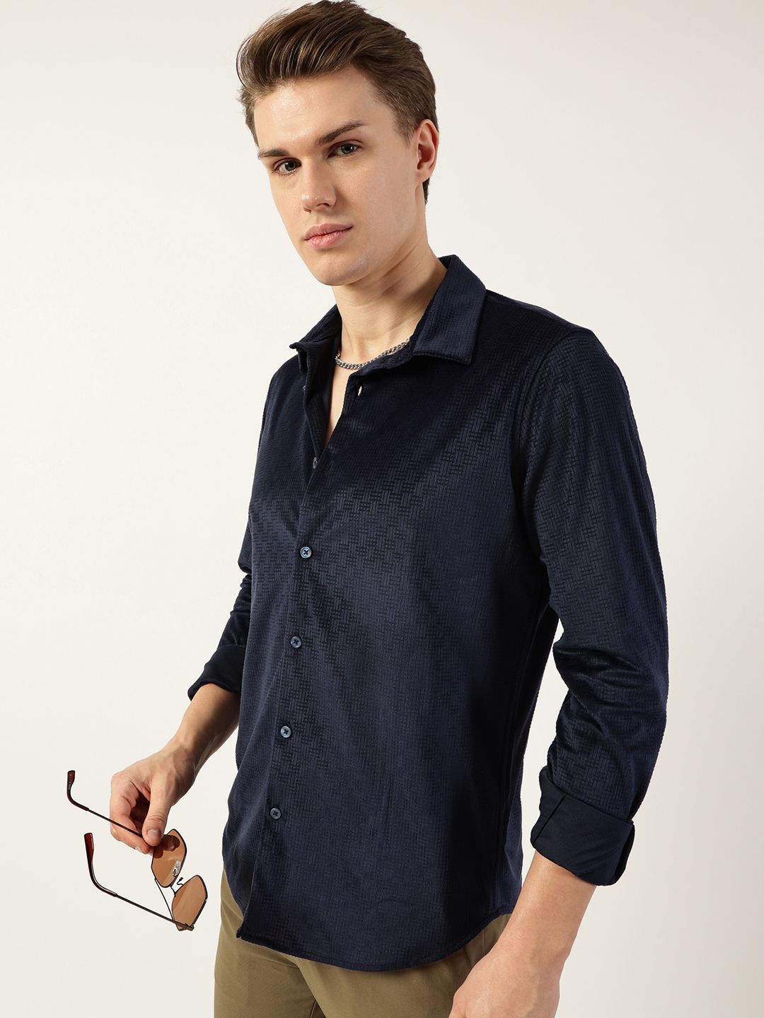 Thomas Scott Men Classic Spread Collar Textured Solid Slim Fit Casual Shirt