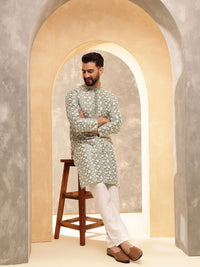 Anouk Green Floral Embroidered Mandarin Collar Kurta With Pyjama