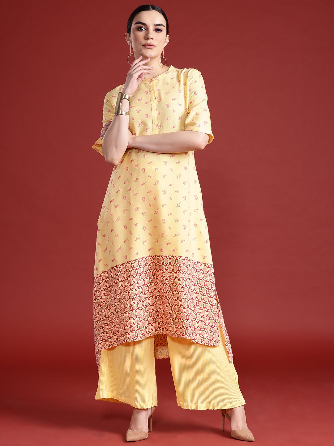 Anouk Printed High-Low Kurta with Pleated Palazzos