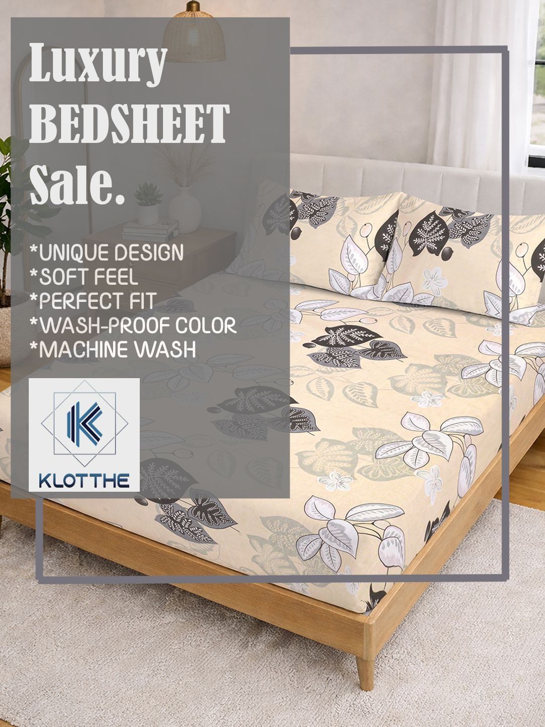 KLOTTHE Beige Printed Fitted Double Bedsheet
