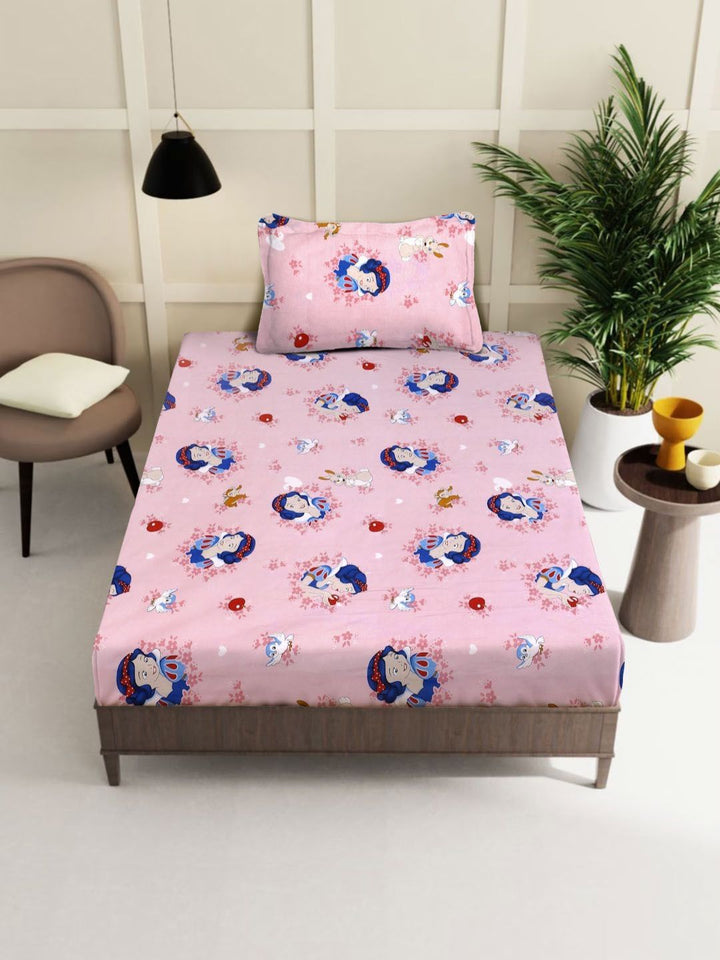 KLOTTHE Pink Printed 400 TC Pure Cotton Single Bedsheet With 1 Pillow Covers