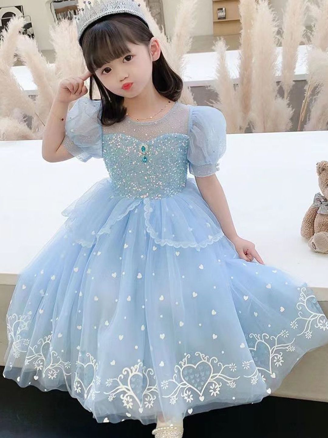 YK Girls Self Design Embellished Puff Sleeve Fit & Flare Dress