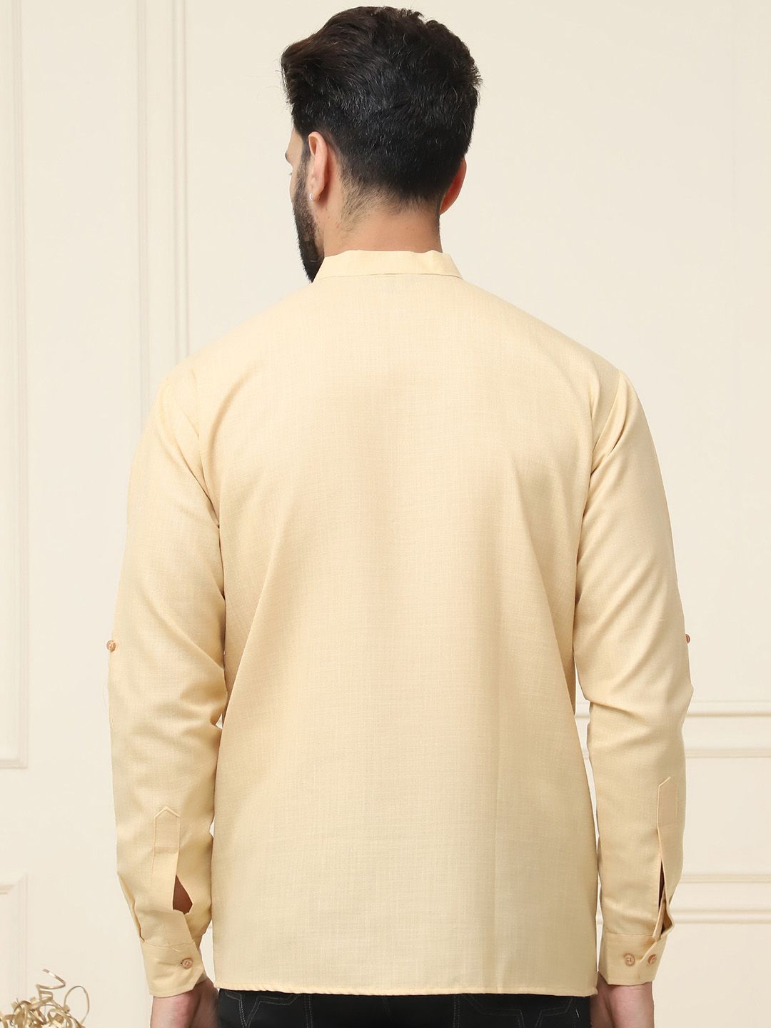 SOJANYA Band Collar Neck Roll-Up Sleeves Regular Pure Cotton Straight Kurta