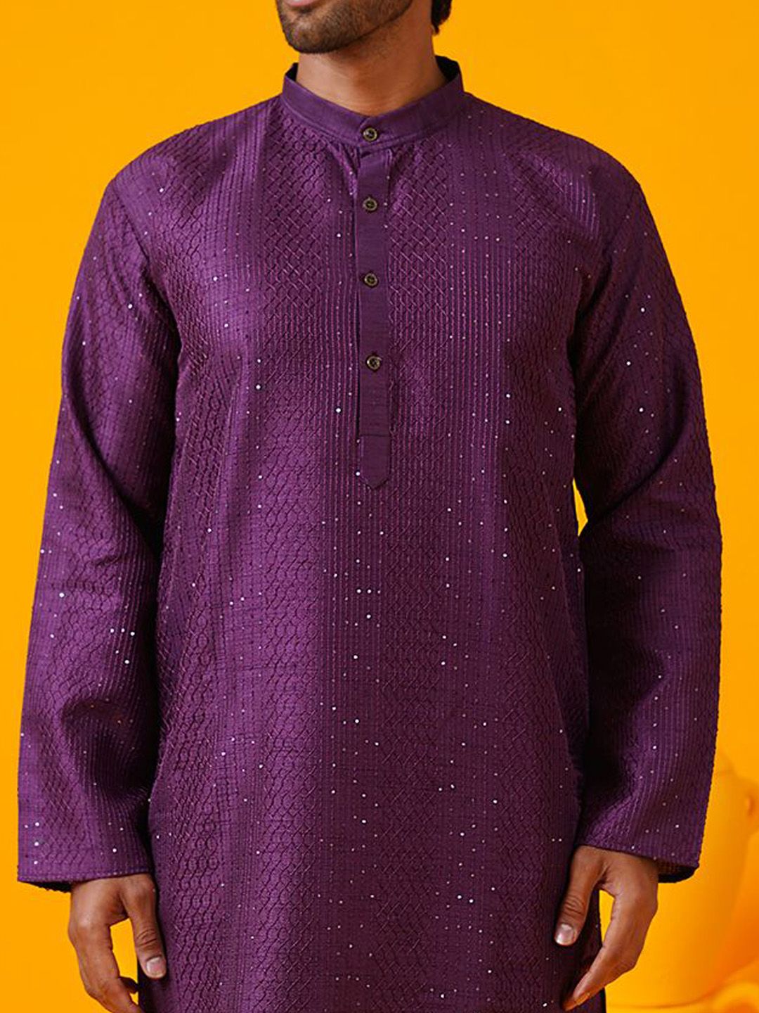 SOJANYA Benang Kolar Bersulam Geometrik Bekerja Kurta Lurus