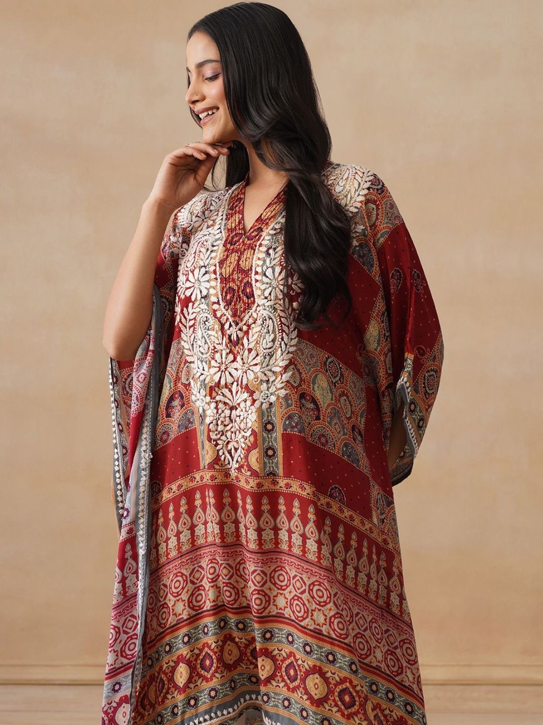 House of Chikankari Women Rust Printed Crepe Kaftan Kurta