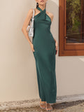 DressBerry Luxe Luster Halter Neck Satin-Finish Maxi Sheath Dress