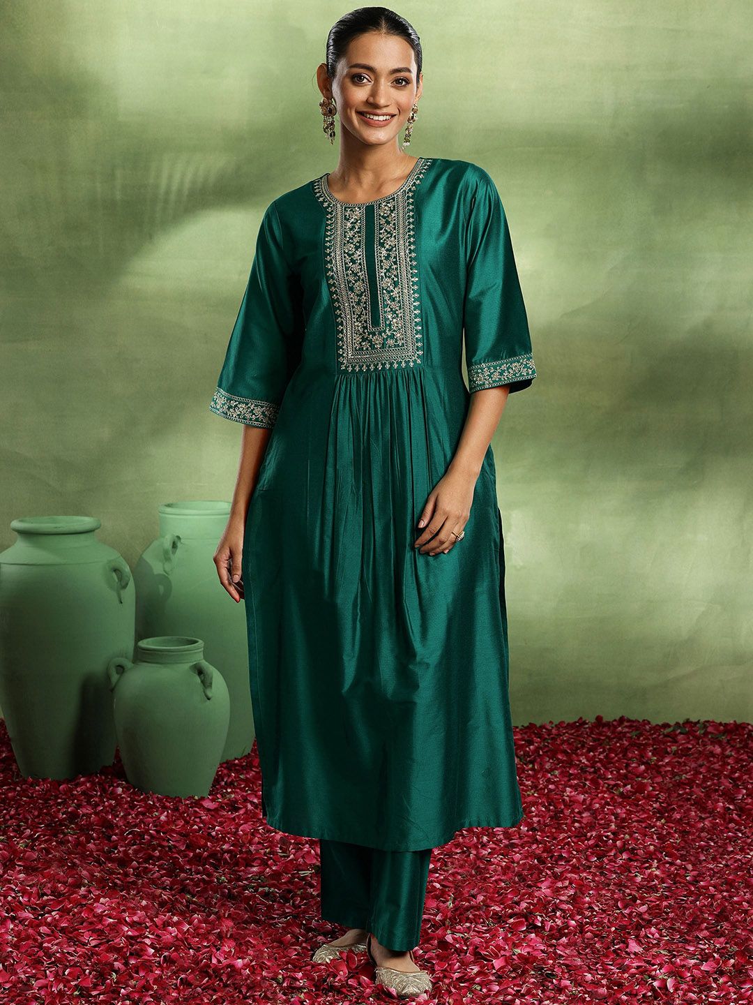 Gerua By Libas Floral Yoke Design Pleated Sequinned Kurta with Trouser
