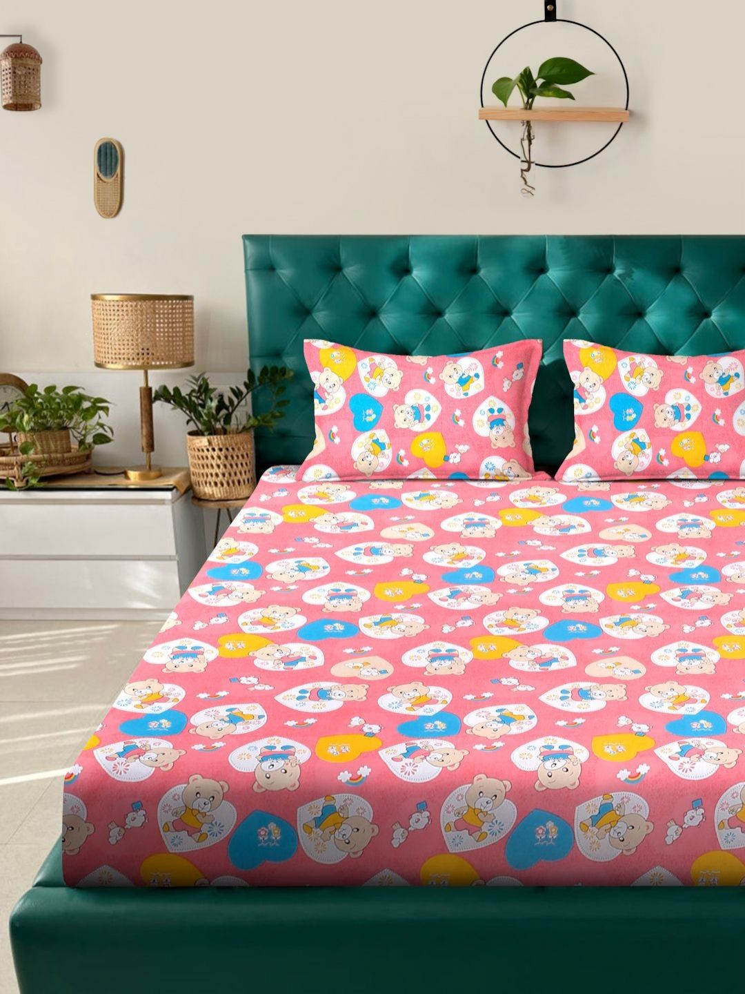 KLOTTHE Kartun Merah Jambu Dicetak Dilengkapi 400 TC Kapas Cadar King & 2 Sarung Bantal