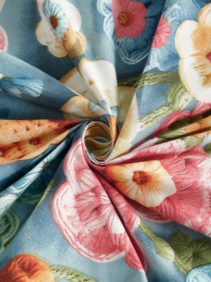 KLOTTHE Biru & Merah Bercetak Bunga Dilengkapi Cadar 7D Single 300TC Dengan Sarung Bantal