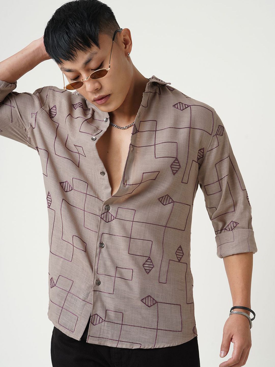 VASTRADO Men Classic Diamond Maze Embroidered Slim Fit Casual Shirt