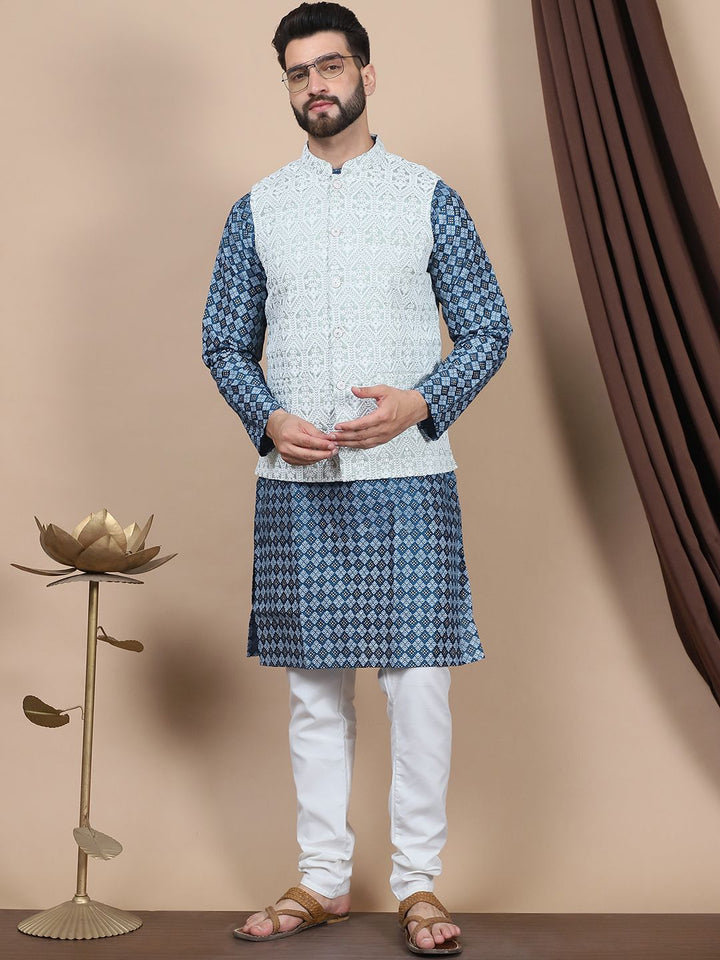 Anouk Teal Blue Ethnic Motifs Printed Straight Kurta with Churidar