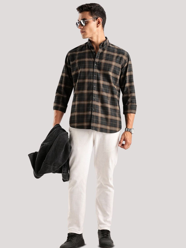 ADRO Tartan Checked Spread Collar Baju Kasual Kapas Lengan Panjang
