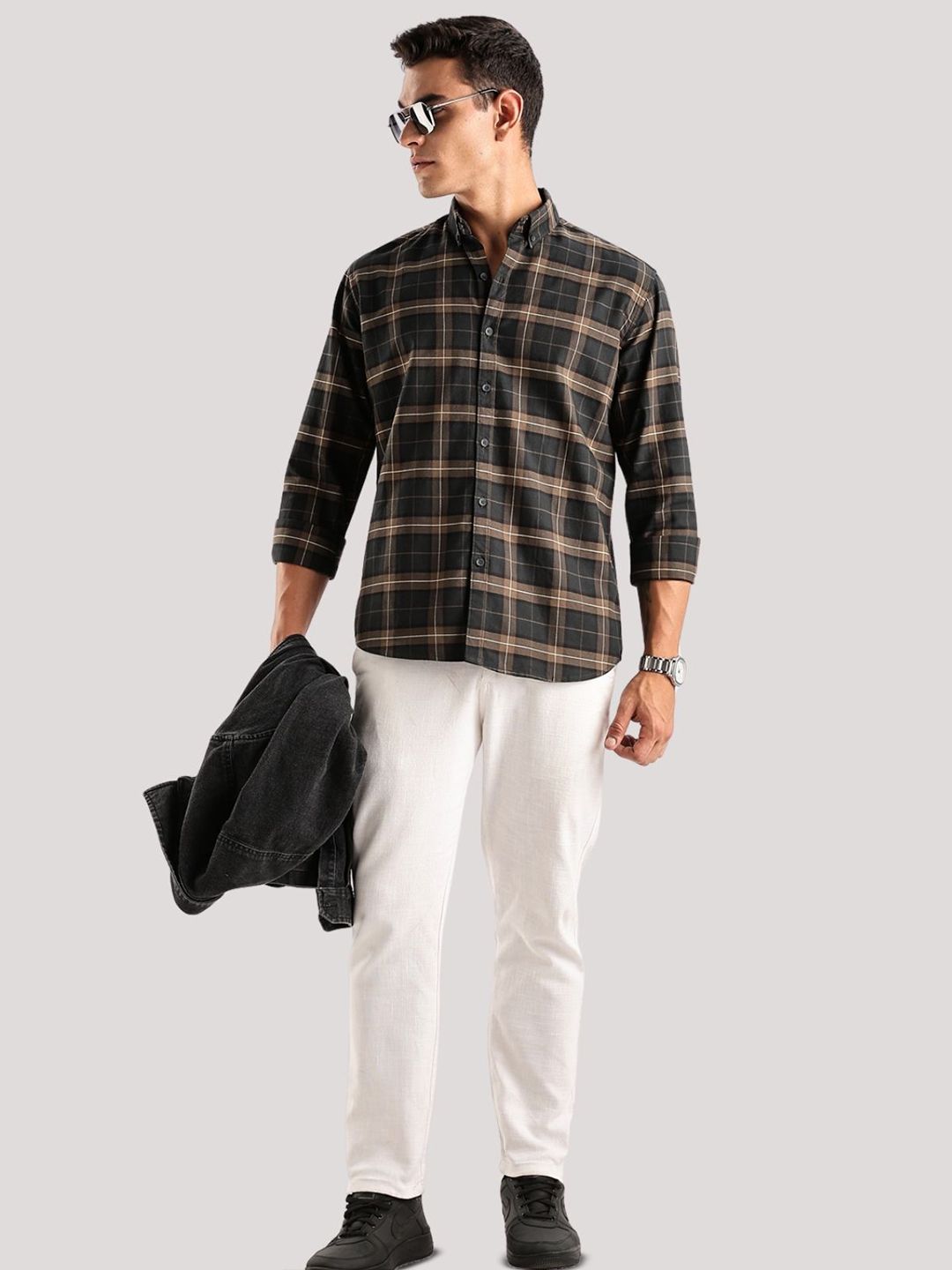 ADRO Tartan Checked Spread Collar Baju Kasual Kapas Lengan Panjang