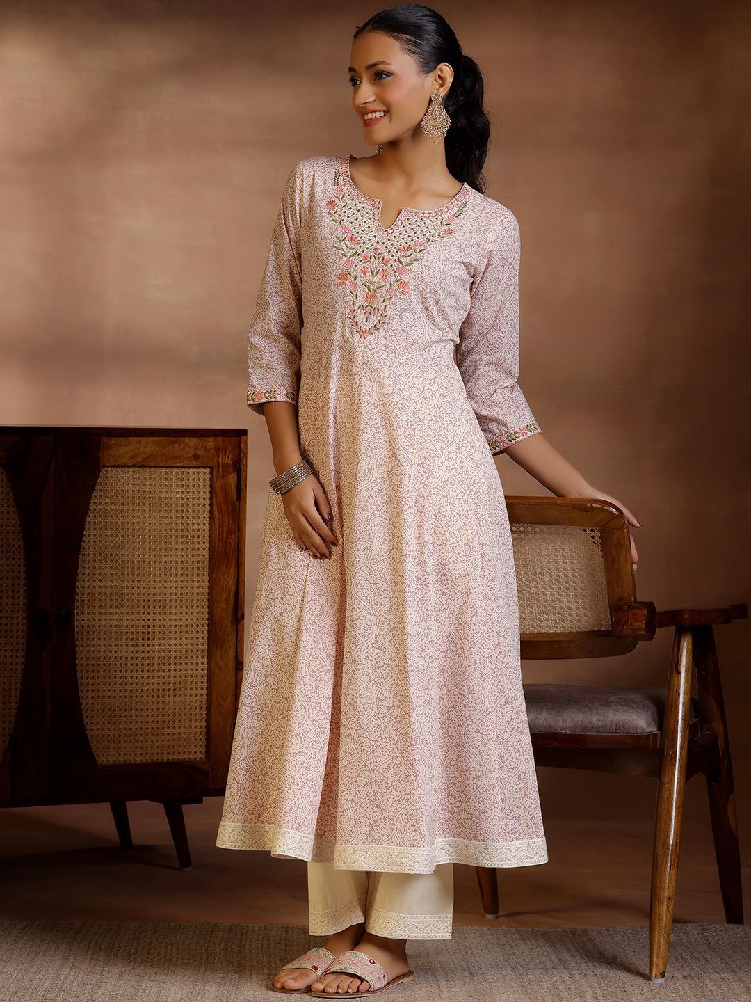 Libas Floral Printed Panelled Pure Cotton Anarkali Kurta with Trousers