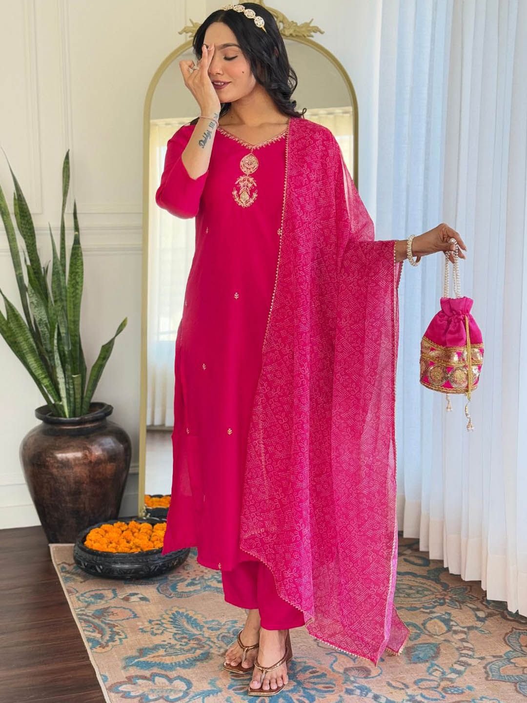 KALINI Zari V-Neck Straight Kurta With Trousers And Dupatta