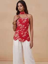 Rumah Wanita Chikankari Floral Printed Halter Leher Kurta Bunga