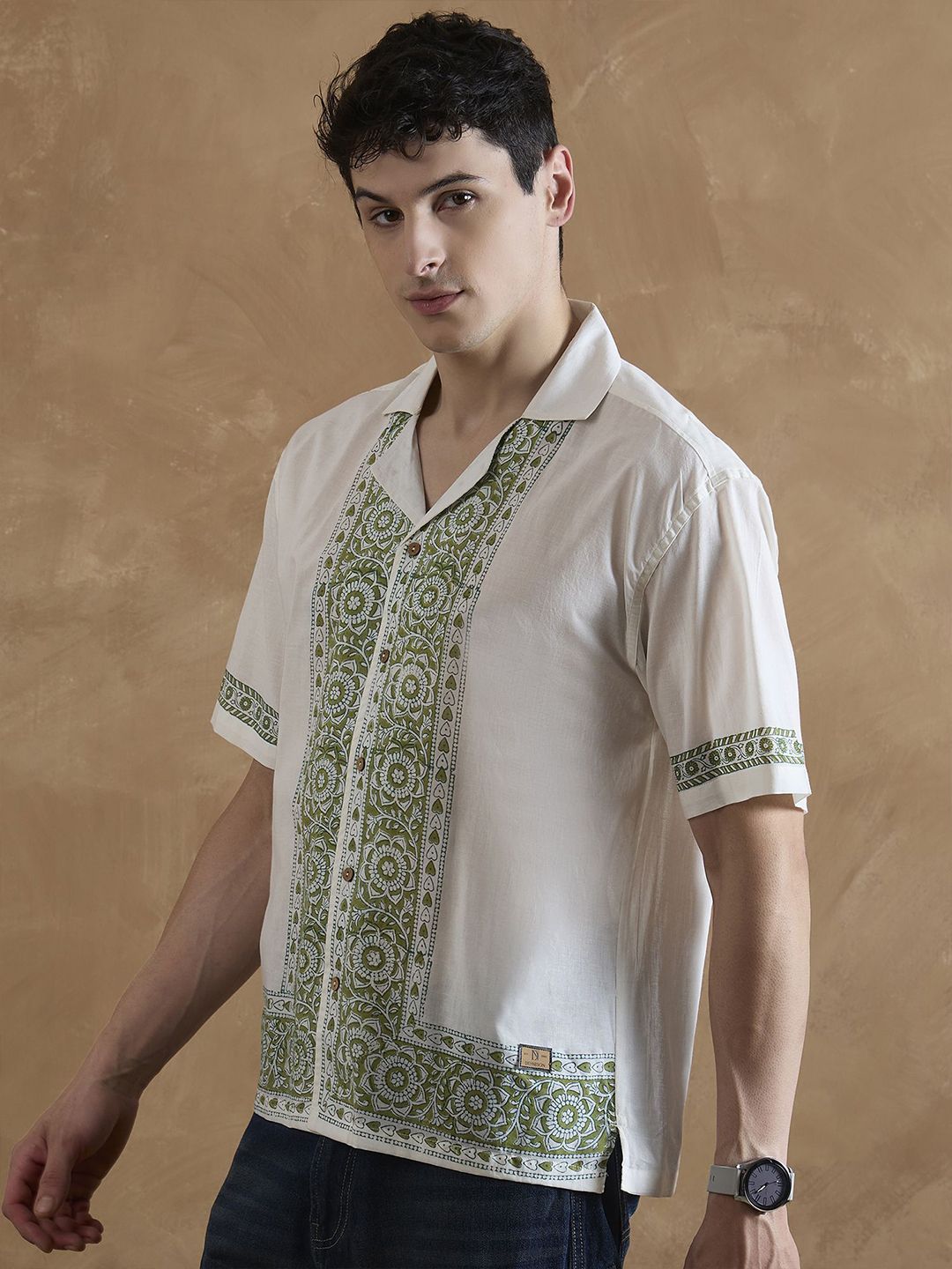 DENNISON Men White and Olive Placement Printed Shirt
