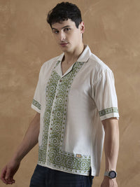 DENNISON Men White and Olive Placement Printed Shirt