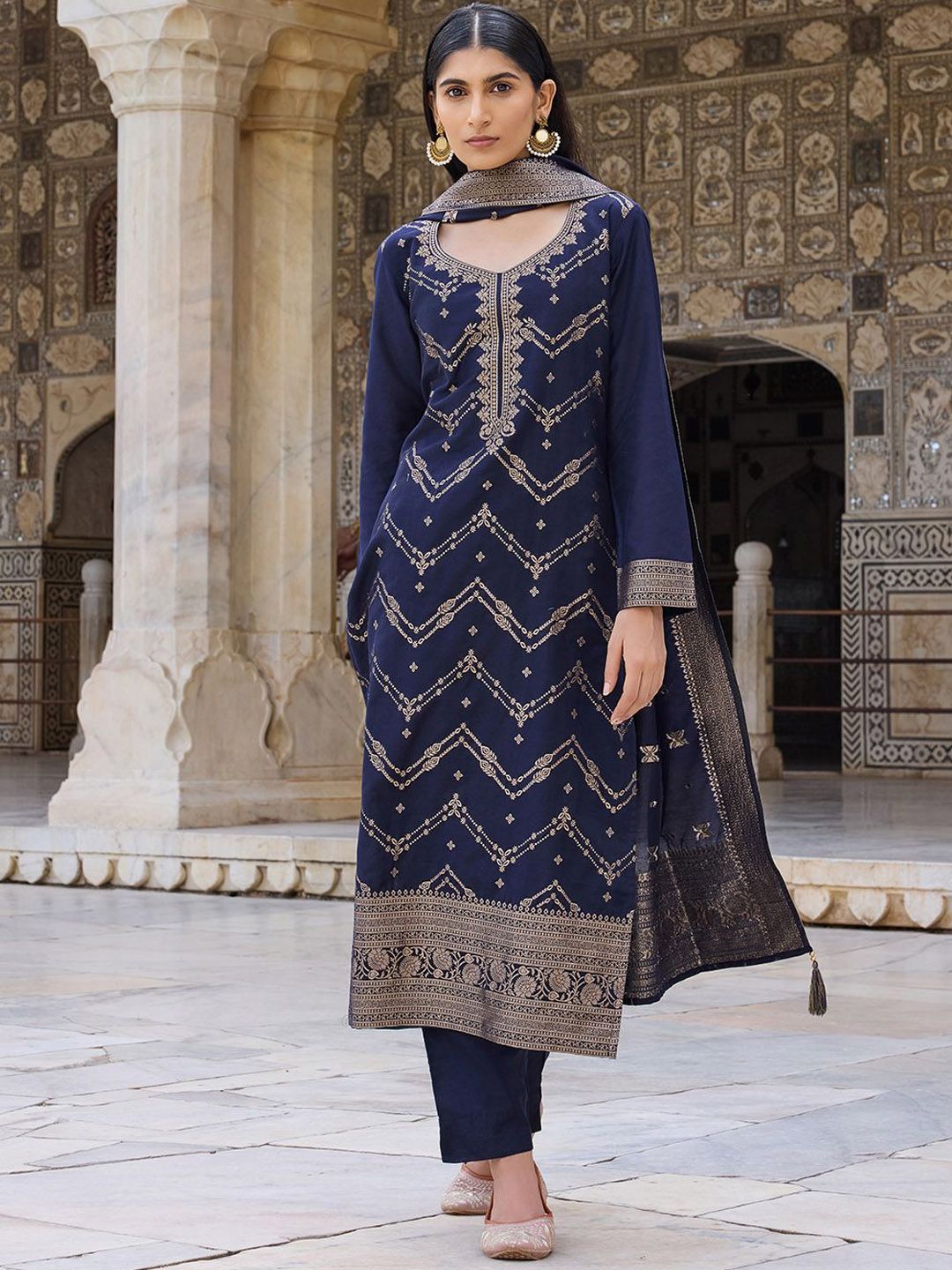 KALINI Ethnic Motifs Woven Design Kurta With Trousers & Dupatta