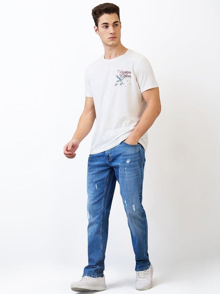 SPYKAR Men Comfort Fit Mid Rise Whiskers and Chevrons Cotton Mildly Distressed Jeans