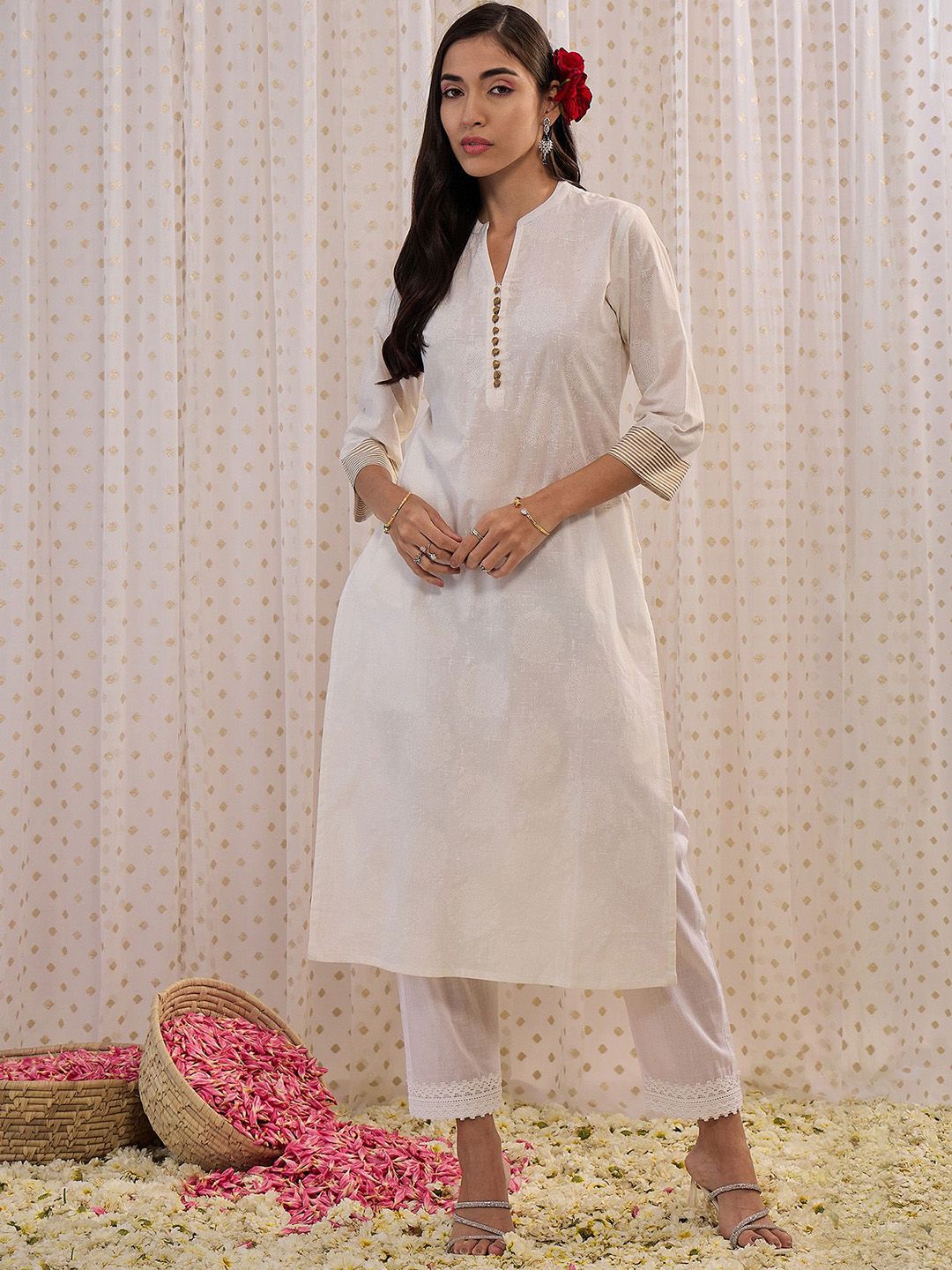 Indo Era Off White Ethnic Mandarin Collar Motifs Printed Cotton Straight Kurta