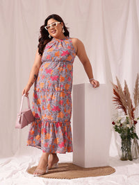 CURVY STREET Floral Printed Georgette Tiered Maxi Dress
