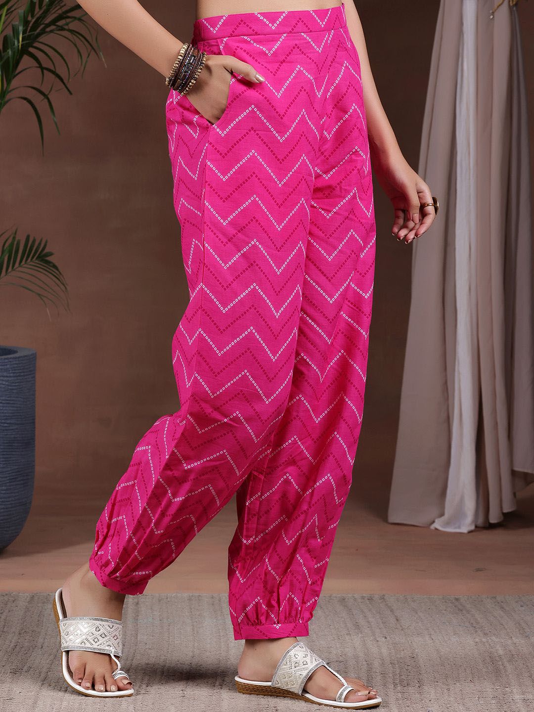 Libas Bandhani Printed V-Neck Pure Cotton A-Line Kurta With Salwar & Dupatta