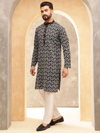 Anouk Black And White Floral Embroidered Band Collar Pure Cotton Kurta With Trouser