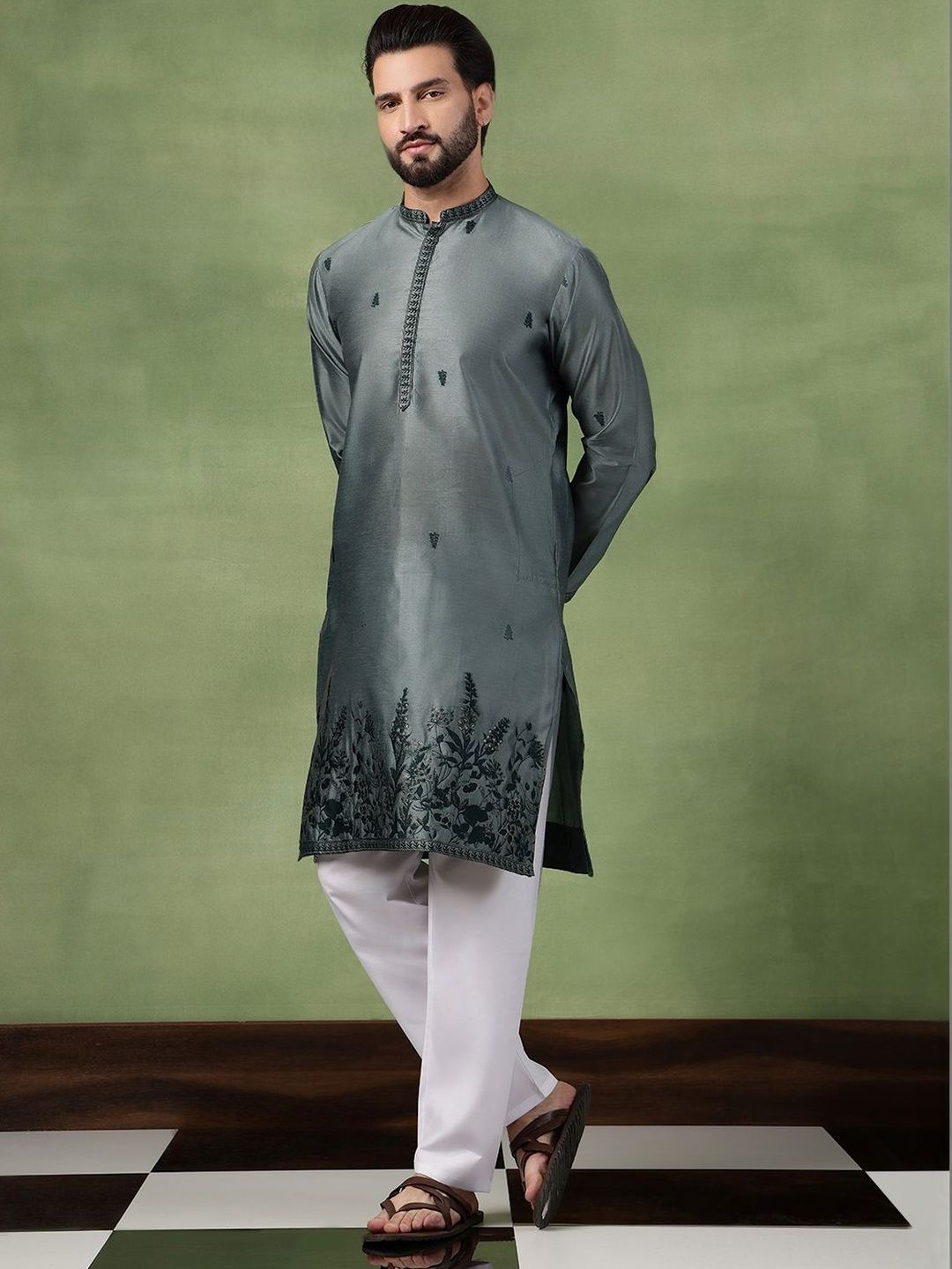 SOJANYA Kurta Kerja Benang Sulam Bunga Lelaki