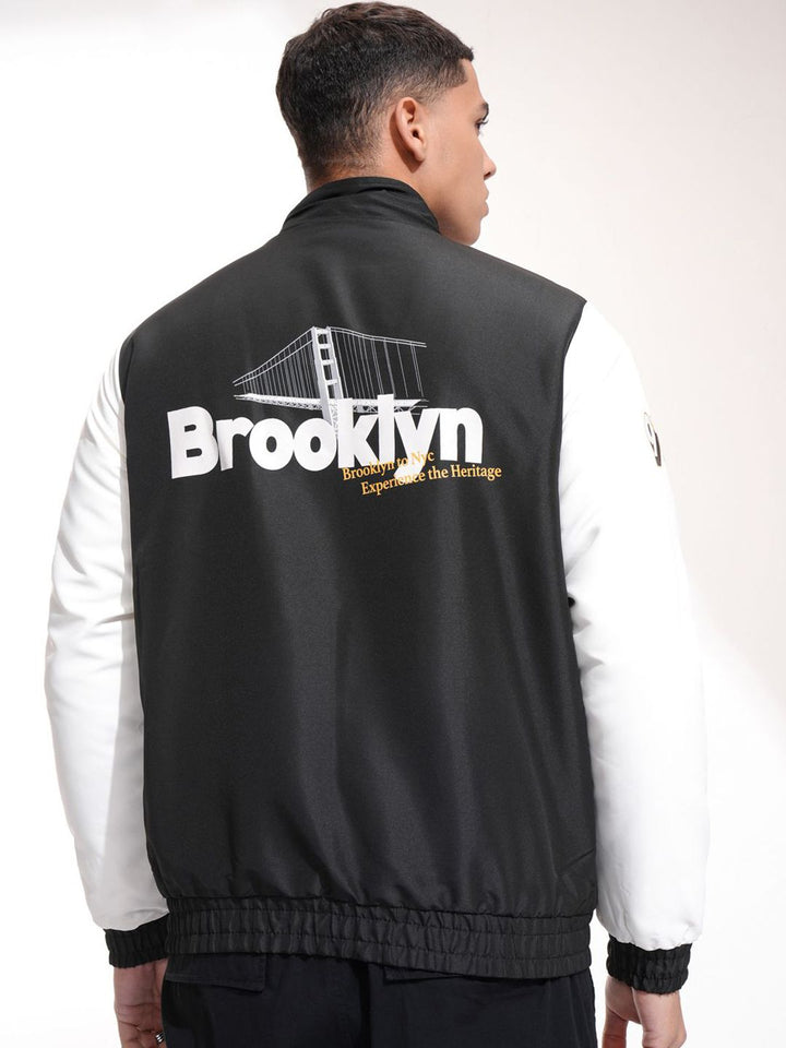 HIGHLANDER Men Mock Collar Typography Printed Casual Bomber Jacket