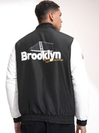 HIGHLANDER Men Mock Collar Typography Printed Casual Bomber Jacket